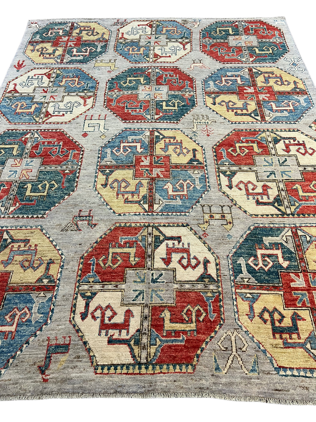 Grey, Red &amp; Blue Tribal Geometric Area Rug – 8’11” x 11’7”
