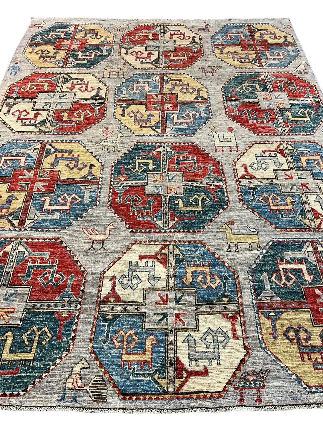 Grey, Red &amp; Blue Tribal Geometric Area Rug – 8’11” x 11’7”