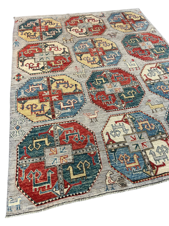 Grey, Red &amp; Blue Tribal Geometric Area Rug – 8’11” x 11’7”