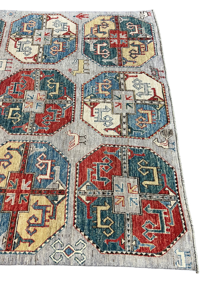 Grey, Red &amp; Blue Tribal Geometric Area Rug – 8’11” x 11’7”