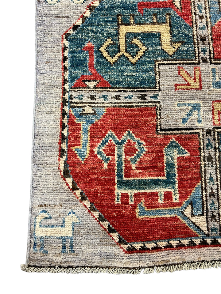 Grey, Red &amp; Blue Tribal Geometric Area Rug – 8’11” x 11’7”