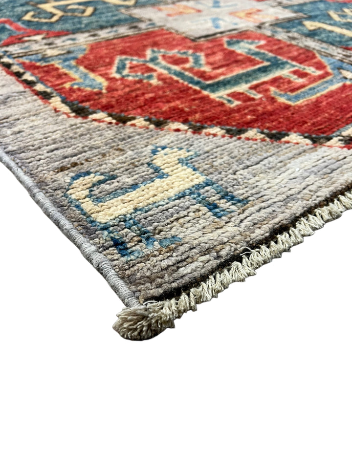 Grey, Red &amp; Blue Tribal Geometric Area Rug – 8’11” x 11’7”