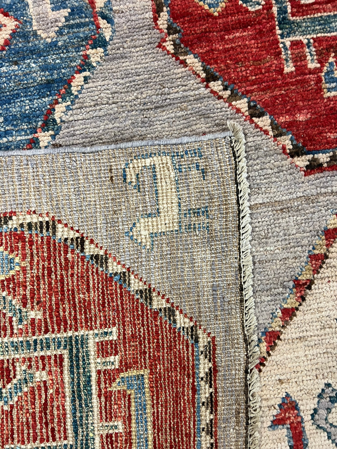 Grey, Red &amp; Blue Tribal Geometric Area Rug – 8’11” x 11’7”