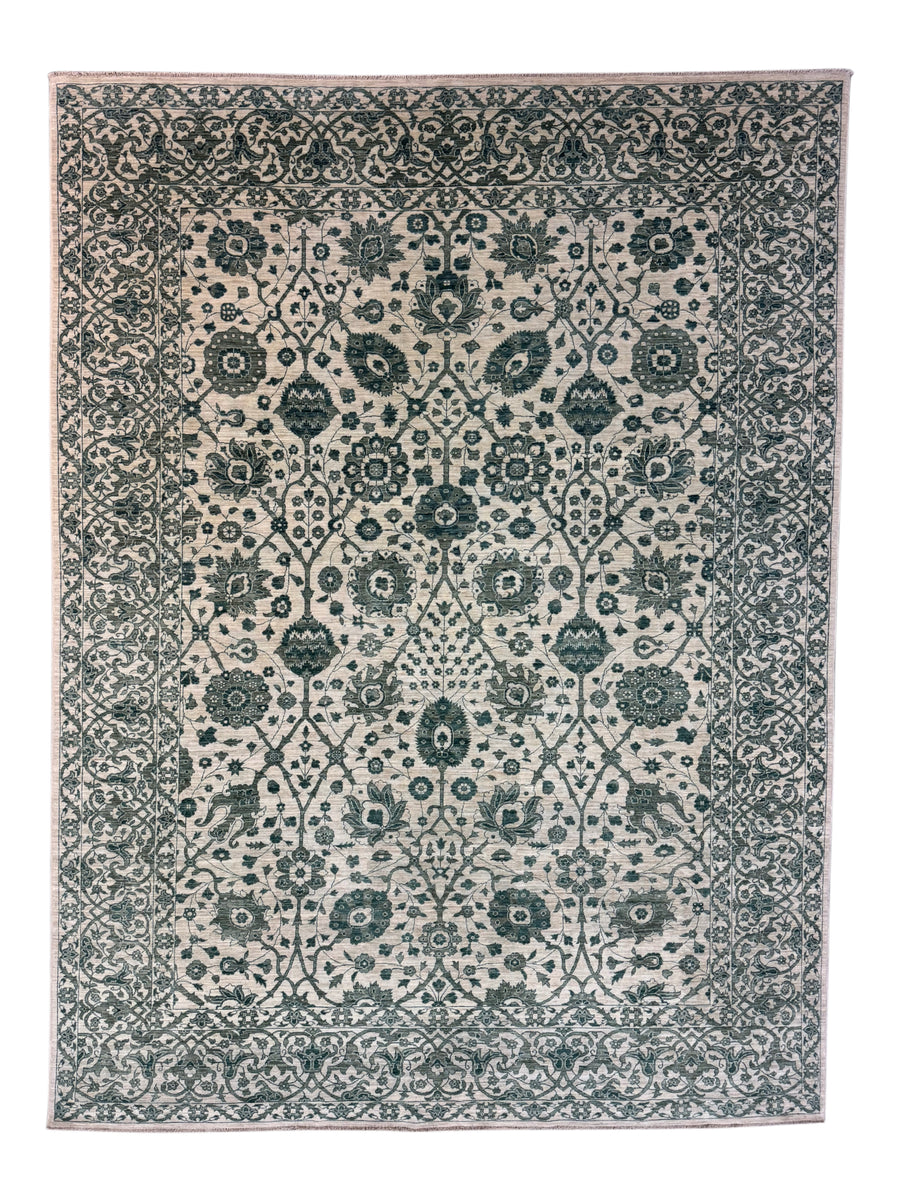 Ivory & Deep Green Floral Area Rug – 9’0” x 12’2”