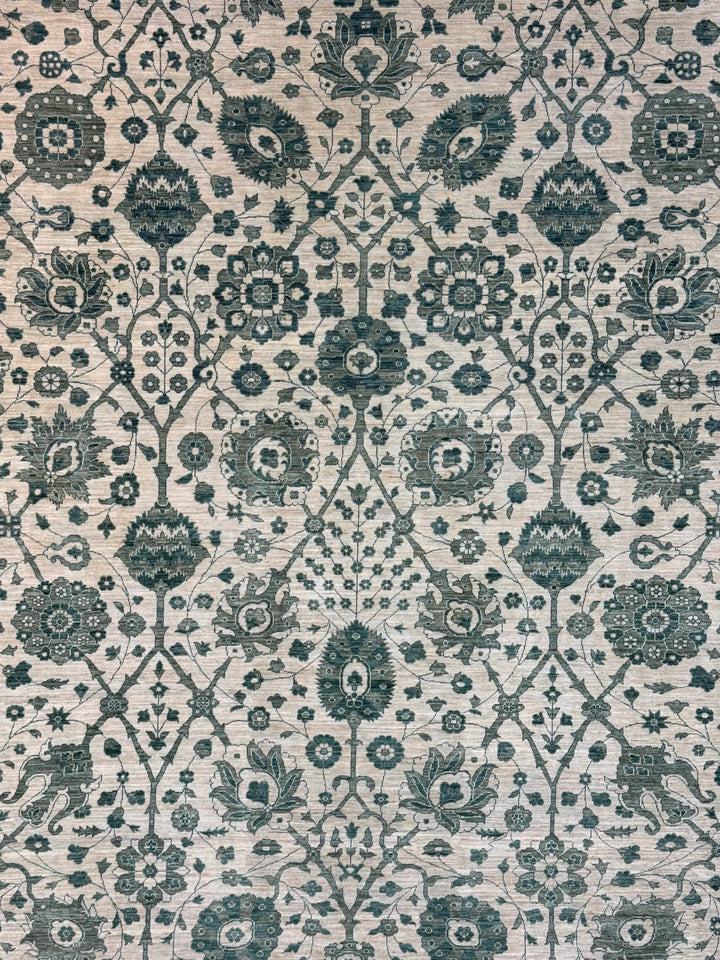Ivory &amp; Deep Green Floral Area Rug – 9’0” x 12’2”