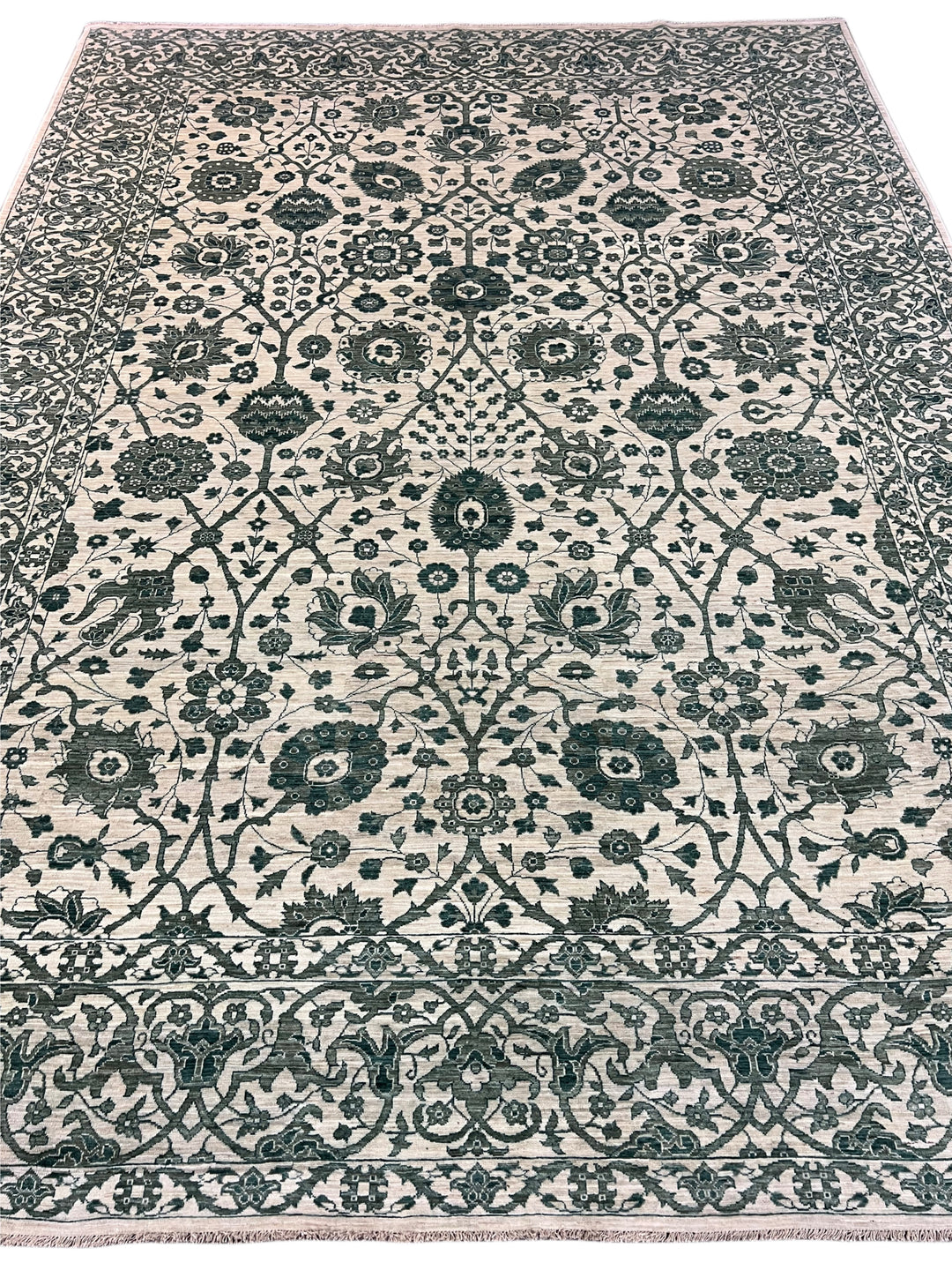 Ivory &amp; Deep Green Floral Area Rug – 9’0” x 12’2”