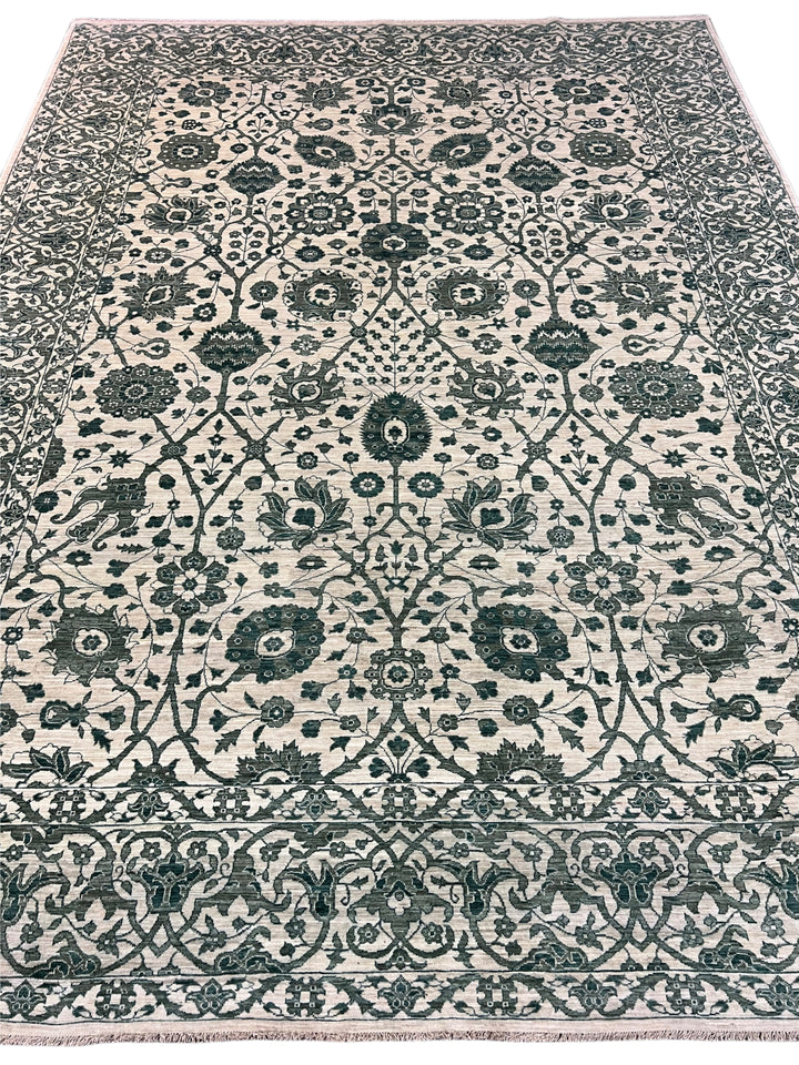 Ivory &amp; Deep Green Floral Area Rug – 9’0” x 12’2”