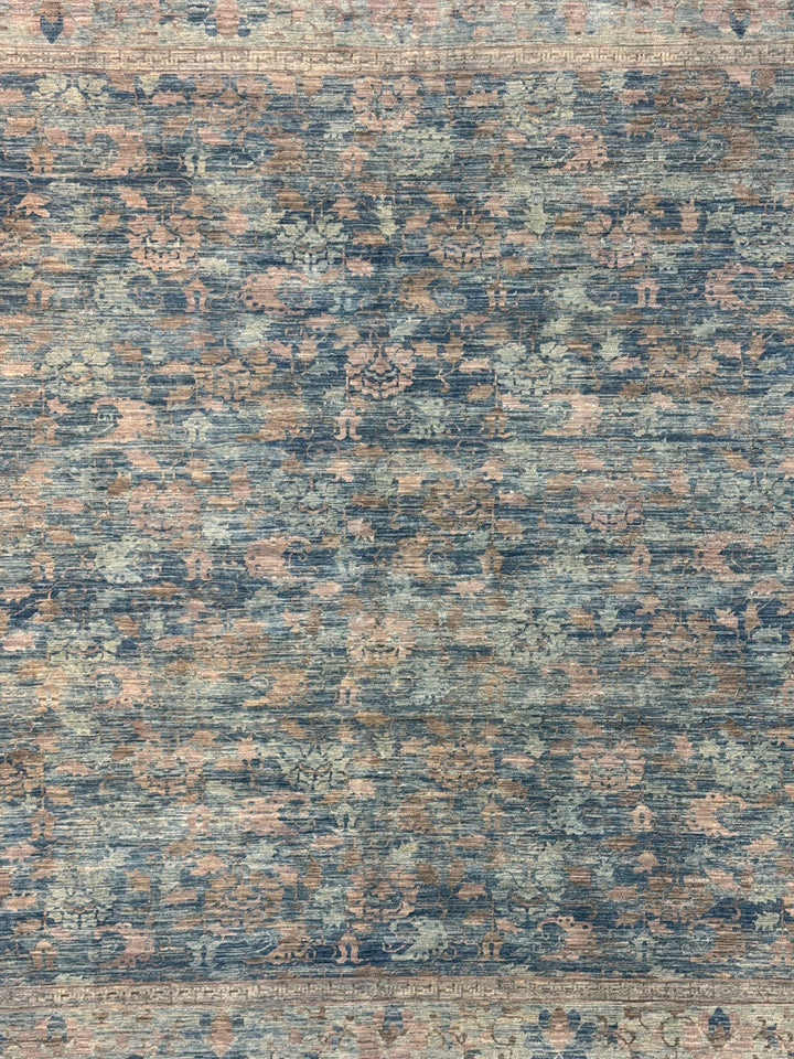 Dusty Blue &amp; Taupe Floral Square Area Rug – 9’0” x 9’2”