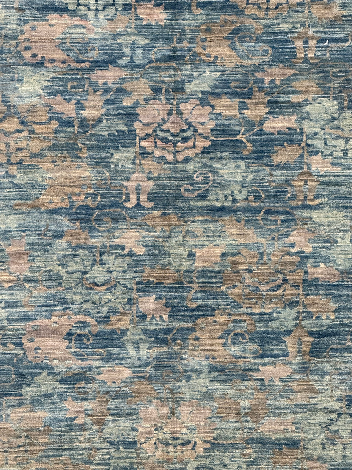 Dusty Blue &amp; Taupe Floral Square Area Rug – 9’0” x 9’2”