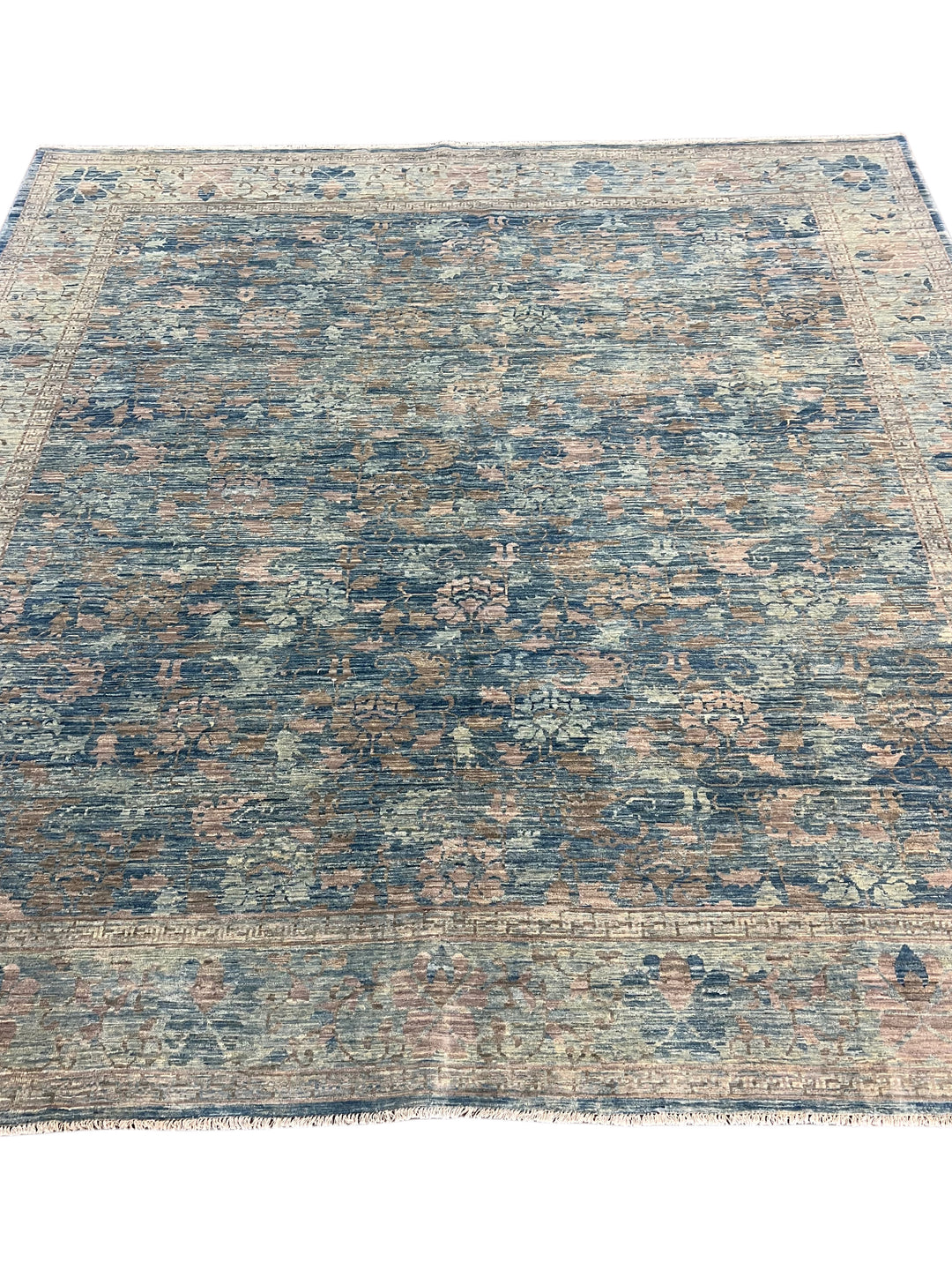 Dusty Blue &amp; Taupe Floral Square Area Rug – 9’0” x 9’2”