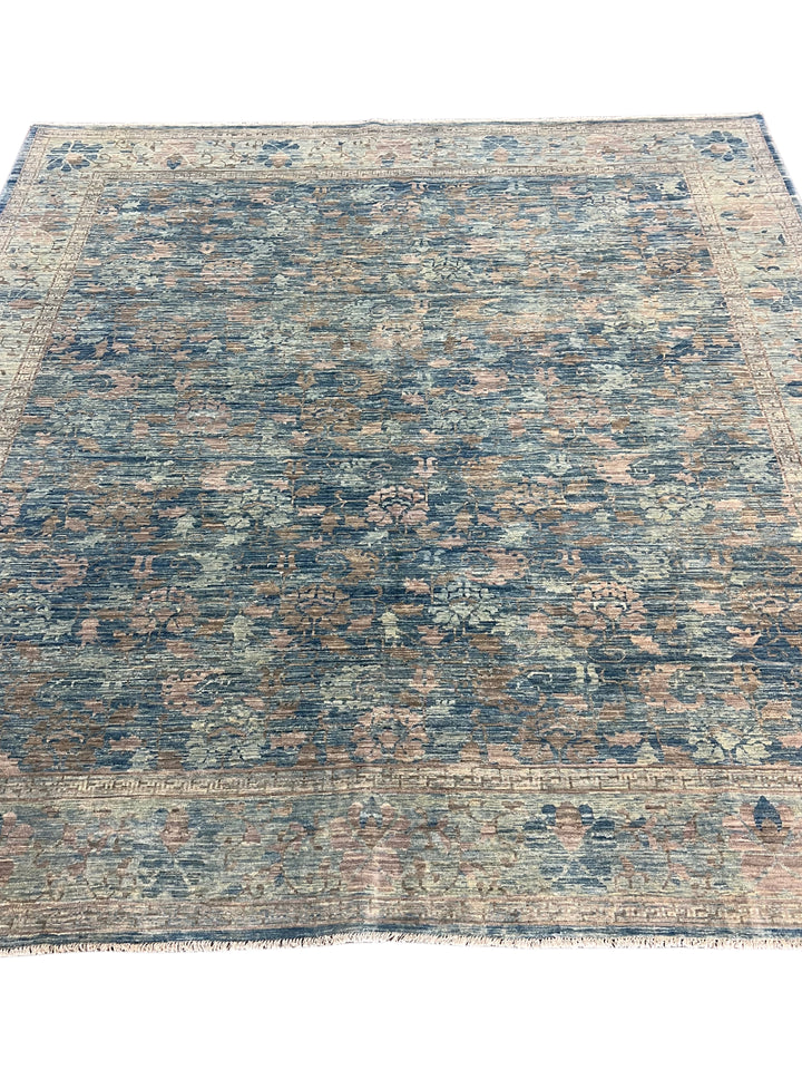 Dusty Blue &amp; Taupe Floral Square Area Rug – 9’0” x 9’2”