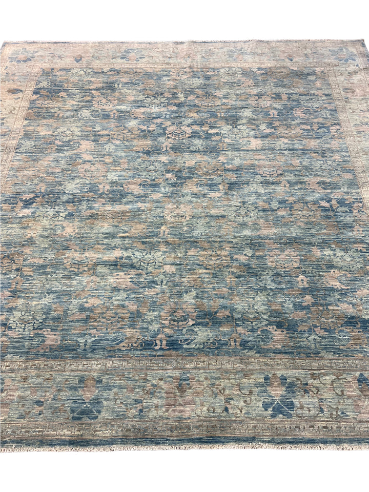Dusty Blue &amp; Taupe Floral Square Area Rug – 9’0” x 9’2”
