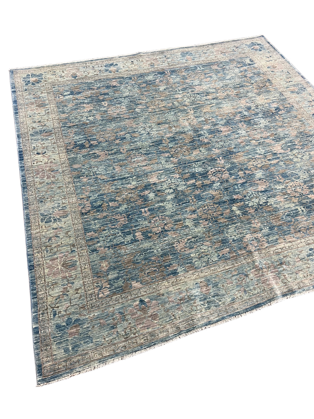 Dusty Blue &amp; Taupe Floral Square Area Rug – 9’0” x 9’2”