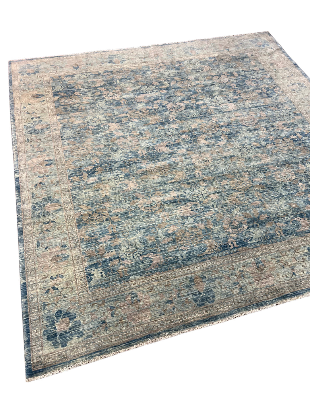 Dusty Blue &amp; Taupe Floral Square Area Rug – 9’0” x 9’2”