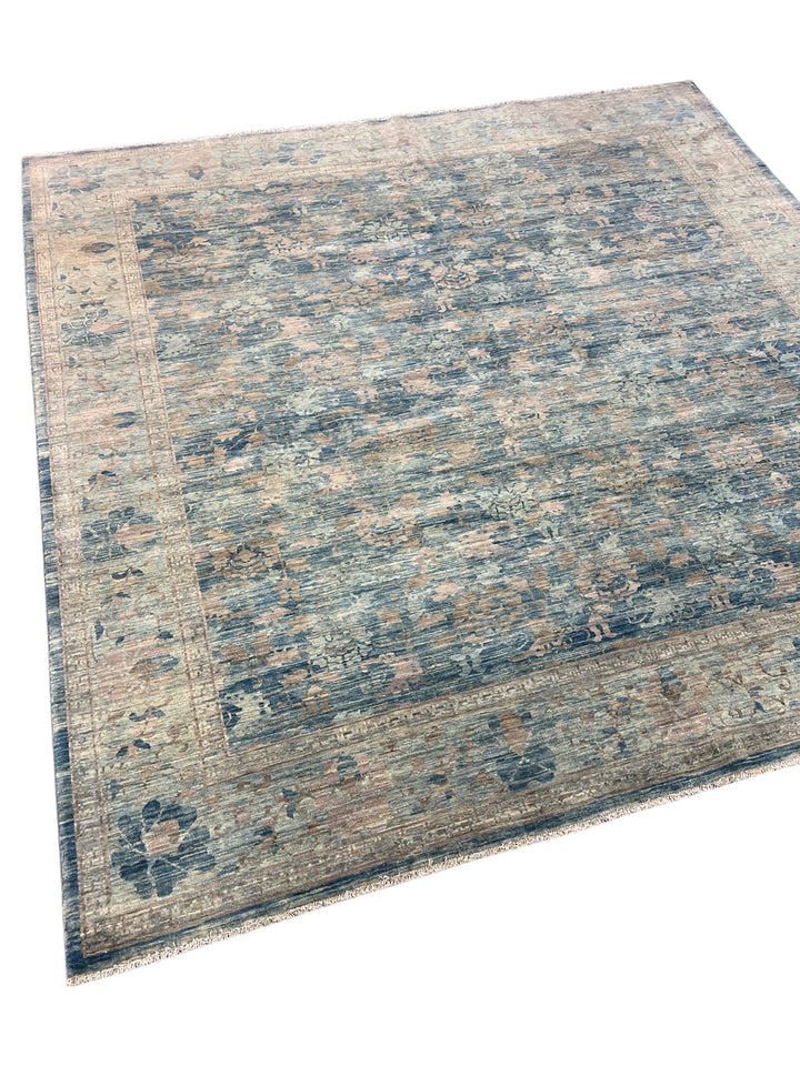 Dusty Blue &amp; Taupe Floral Square Area Rug – 9’0” x 9’2”