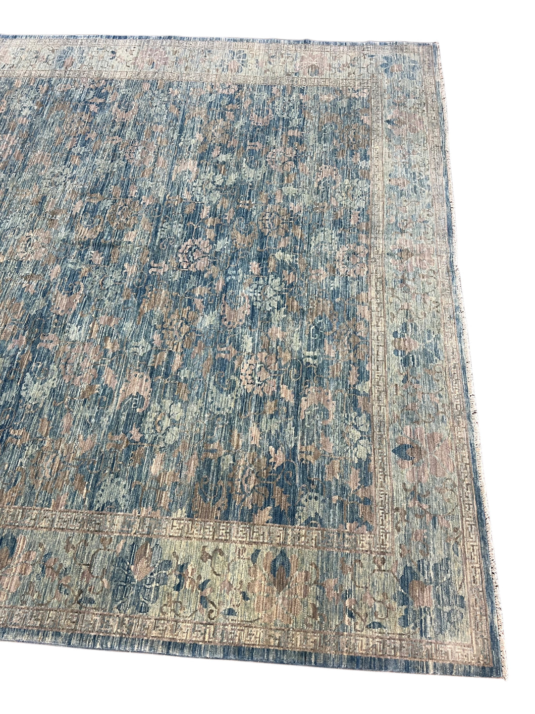 Dusty Blue &amp; Taupe Floral Square Area Rug – 9’0” x 9’2”