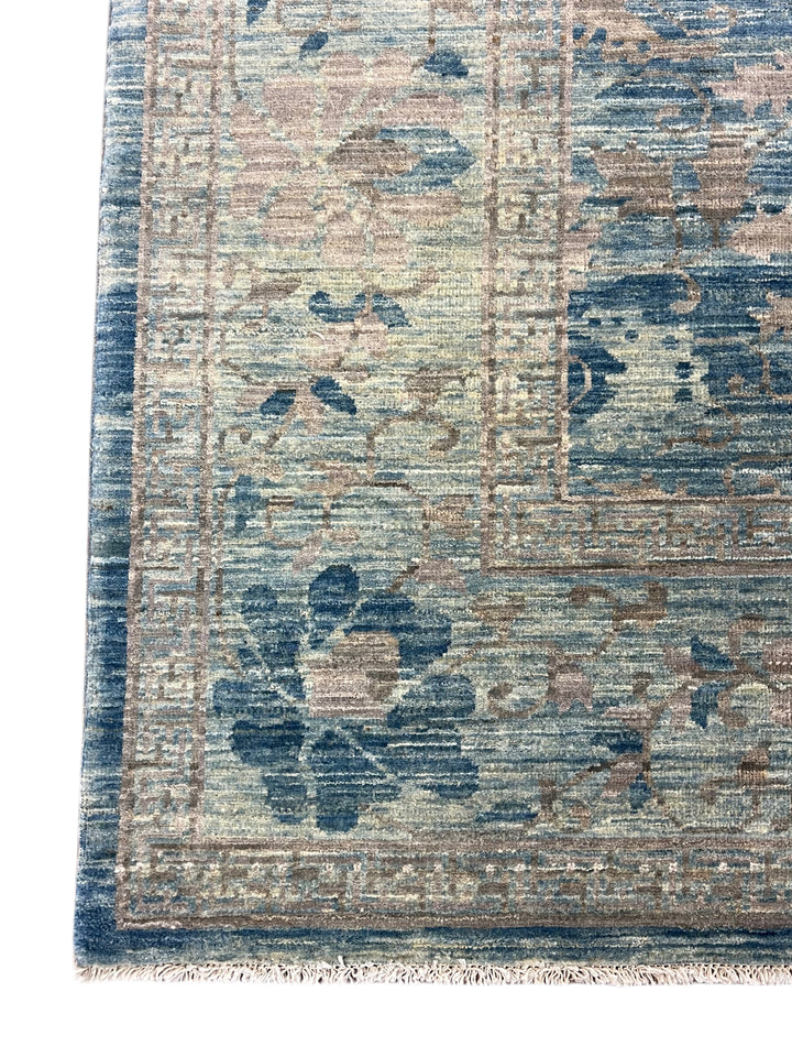 Dusty Blue &amp; Taupe Floral Square Area Rug – 9’0” x 9’2”