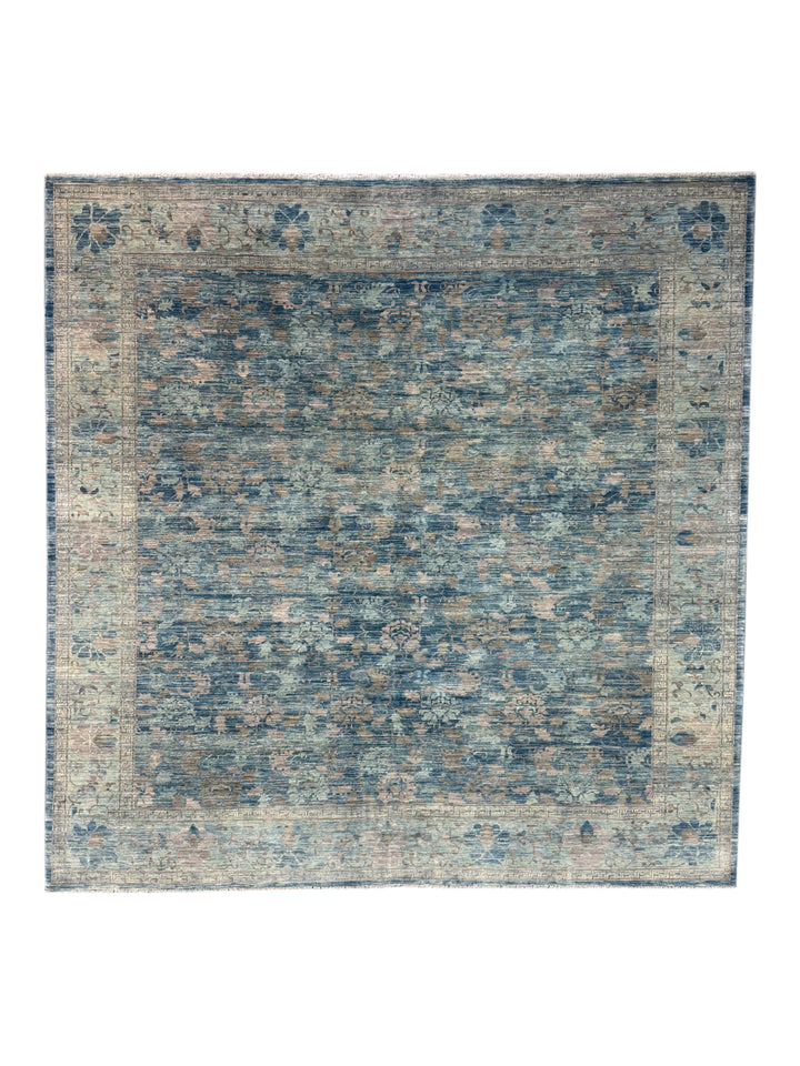 Dusty Blue &amp; Taupe Floral Square Area Rug – 9’0” x 9’2”