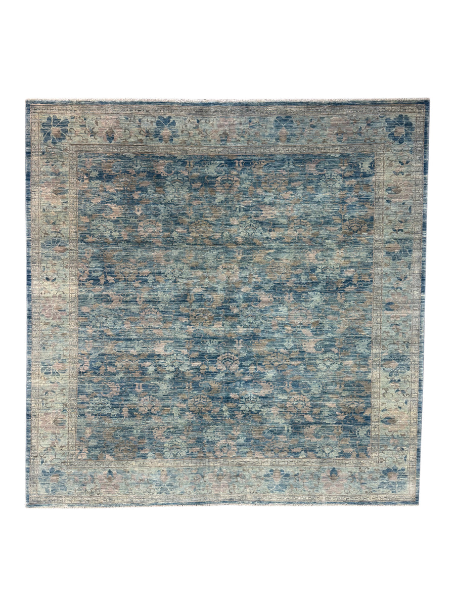 Dusty Blue & Taupe Floral Square Area Rug – 9’0” x 9’2”