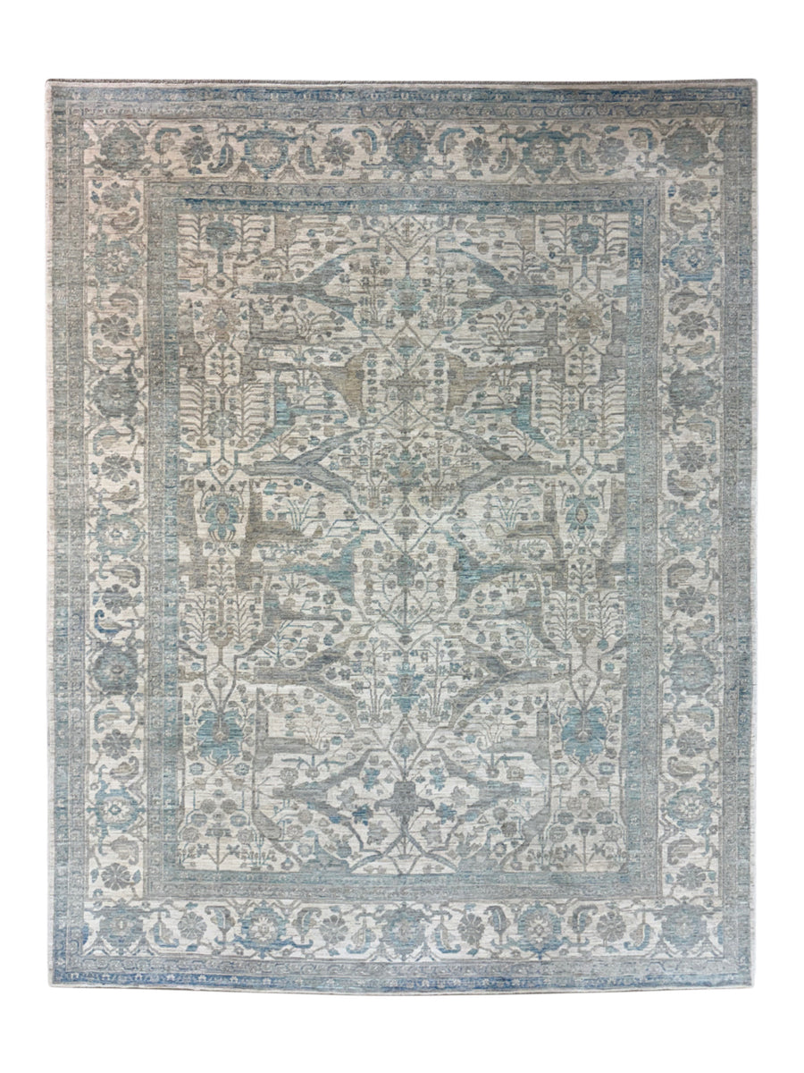 Ivory, Soft Grey & Blue Floral Area Rug – 9’2” x 11’10”