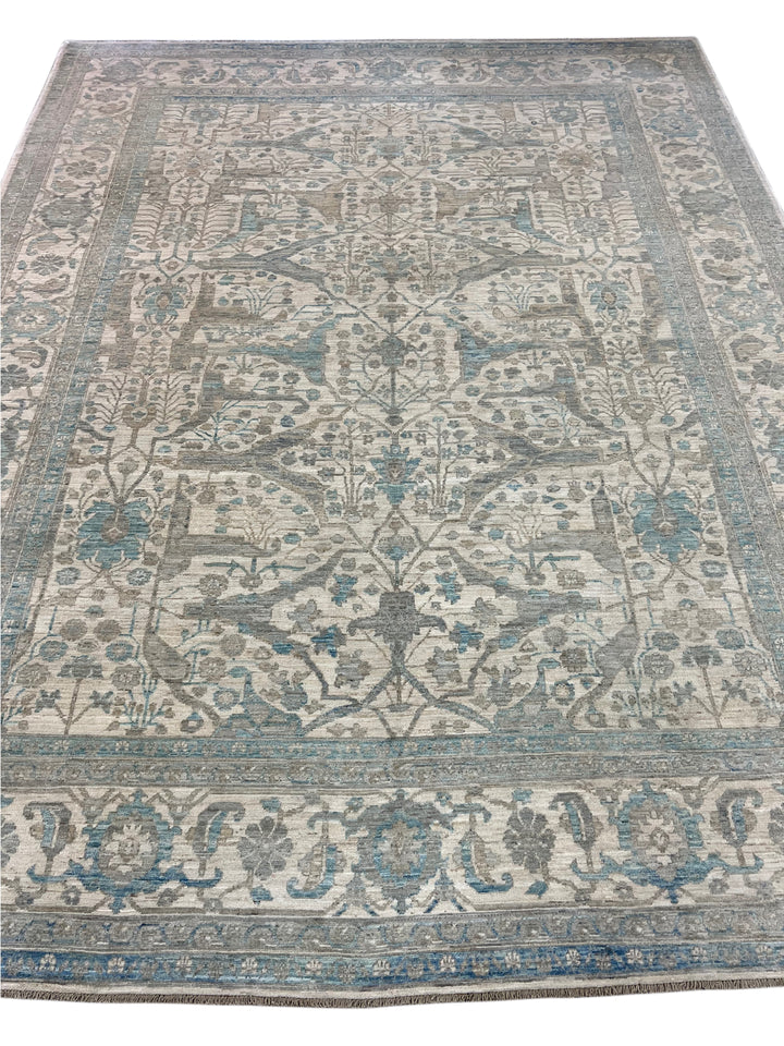 Ivory, Soft Grey &amp; Blue Floral Area Rug – 9’2” x 11’10”