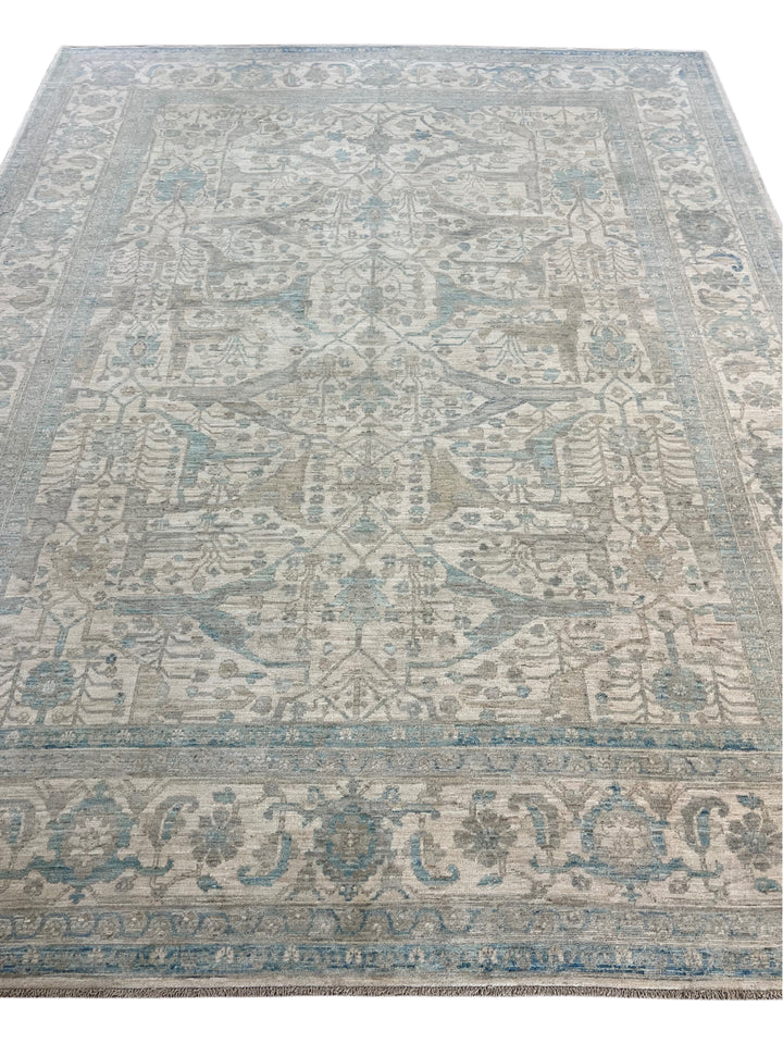 Ivory, Soft Grey &amp; Blue Floral Area Rug – 9’2” x 11’10”