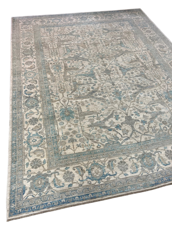 Ivory, Soft Grey &amp; Blue Floral Area Rug – 9’2” x 11’10”