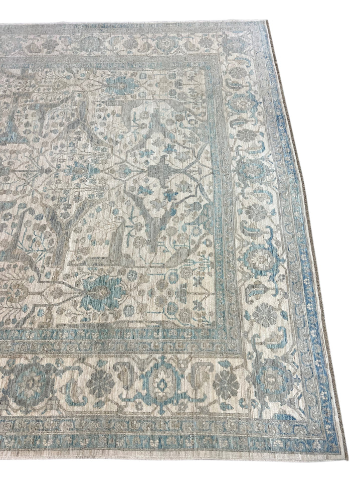 Ivory, Soft Grey &amp; Blue Floral Area Rug – 9’2” x 11’10”