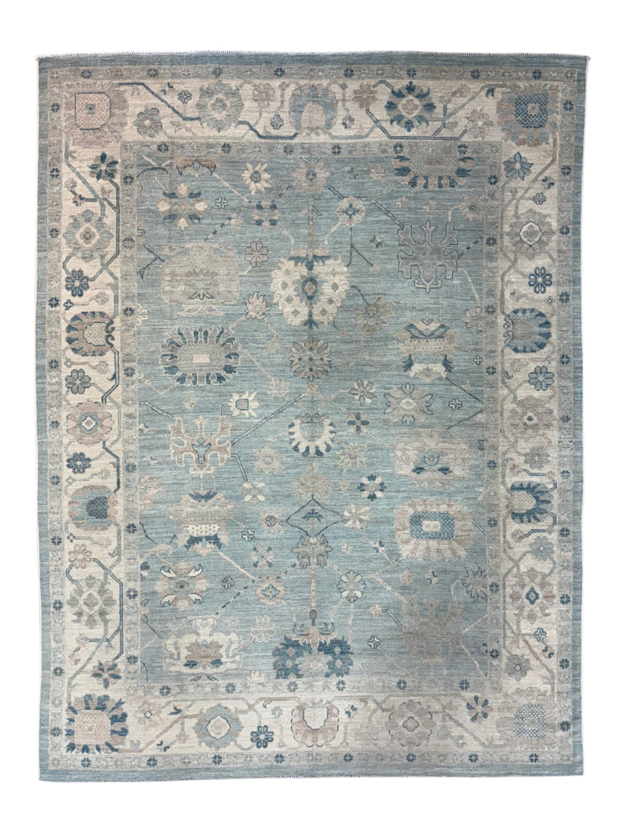 Soft Blue, Ivory & Taupe Oushak Style Area Rug – 9’0” x 12’0”