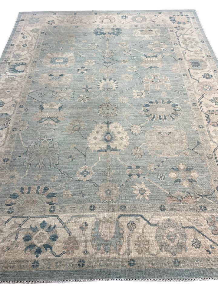 Soft Blue, Ivory &amp; Taupe Oushak Style Area Rug – 9’0” x 12’0”