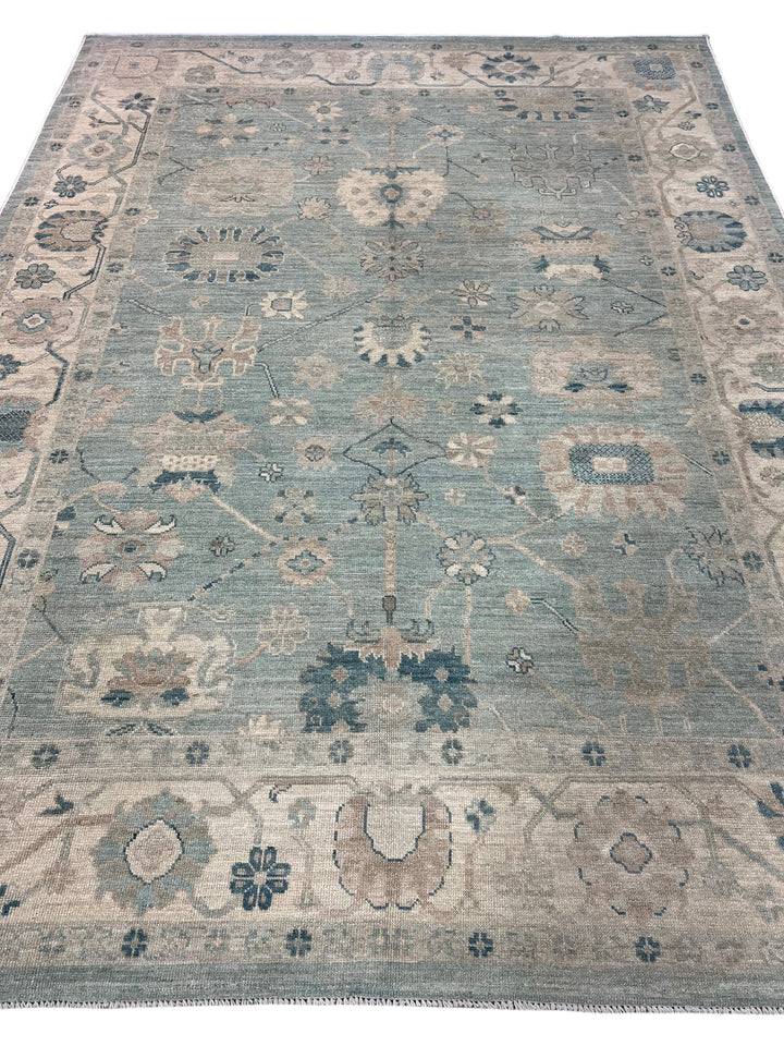 Soft Blue, Ivory &amp; Taupe Oushak Style Area Rug – 9’0” x 12’0”