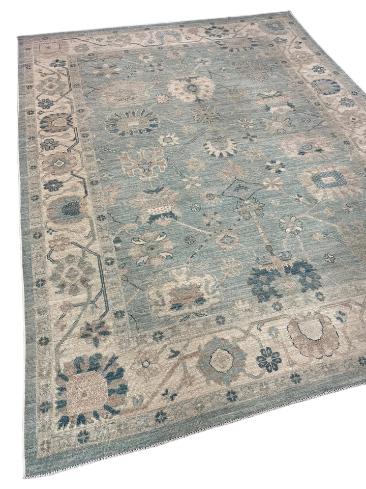 Soft Blue, Ivory &amp; Taupe Oushak Style Area Rug – 9’0” x 12’0”