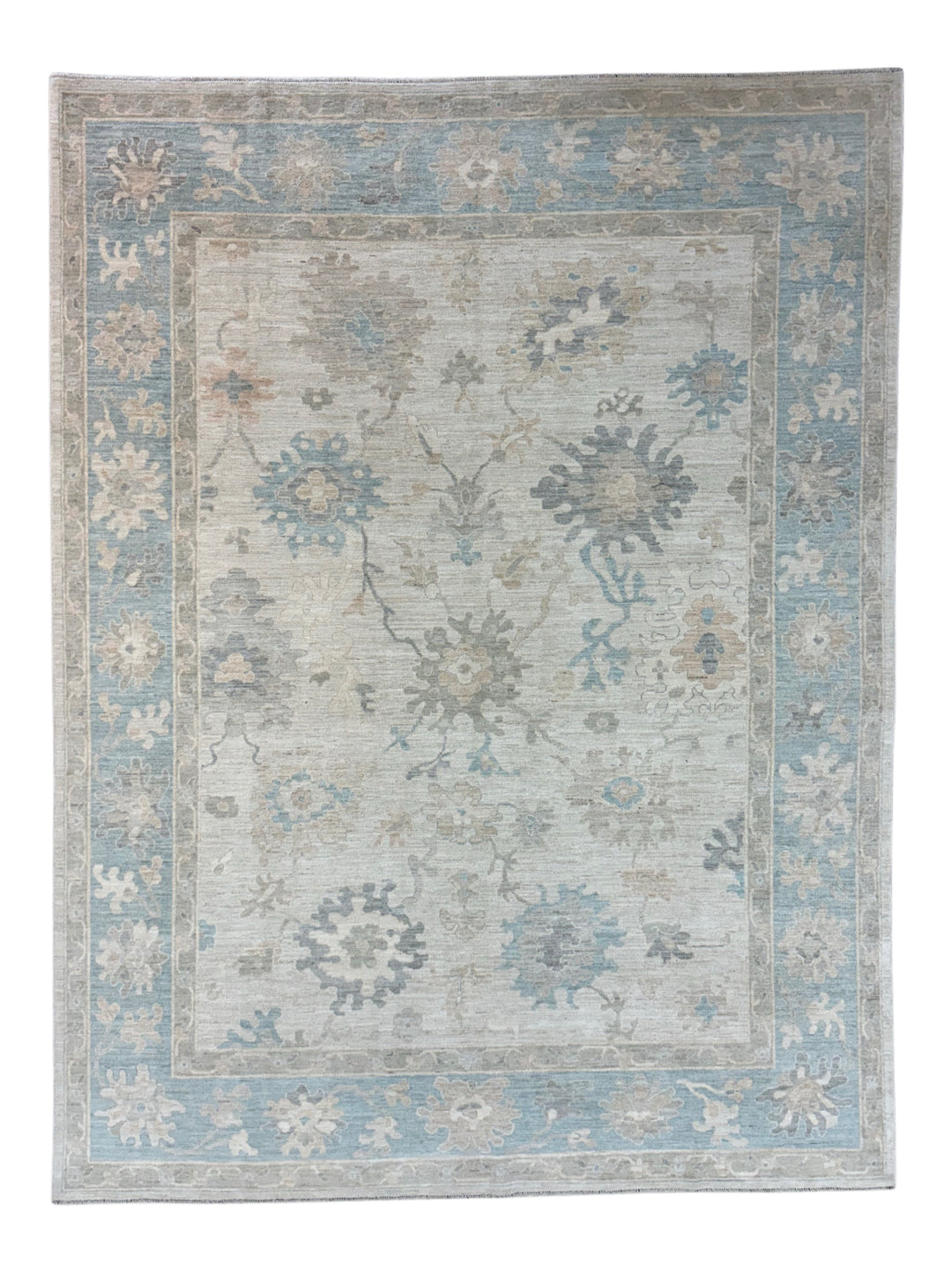 Ivory, Soft Blue &amp; Taupe Oushak Style Area Rug – 8’10” x 11’8”