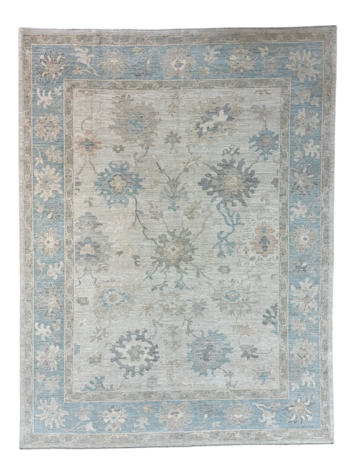 Ivory, Soft Blue &amp; Taupe Oushak Style Area Rug – 8’10” x 11’8”