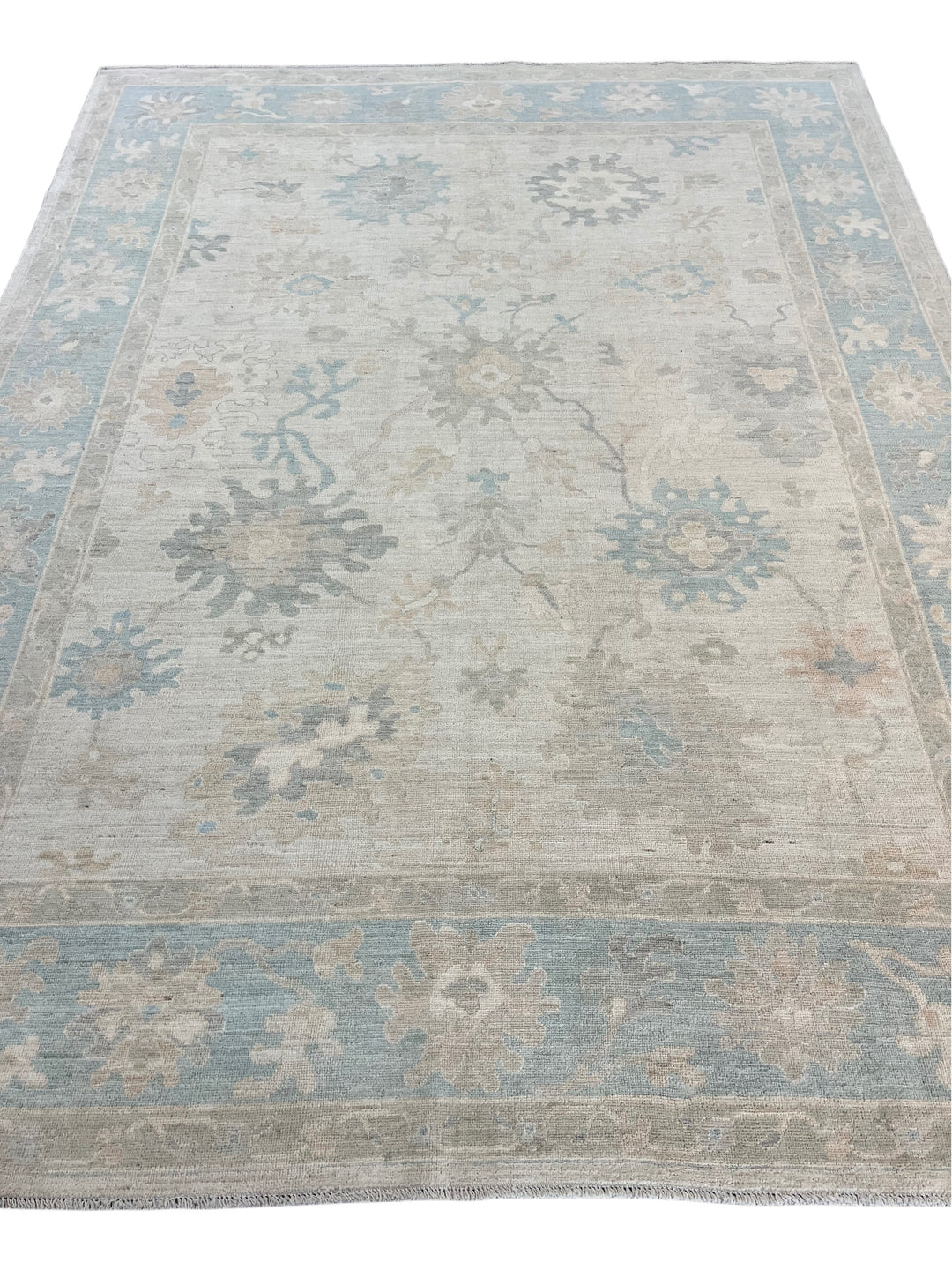 Ivory, Soft Blue &amp; Taupe Oushak Style Area Rug – 8’10” x 11’8”