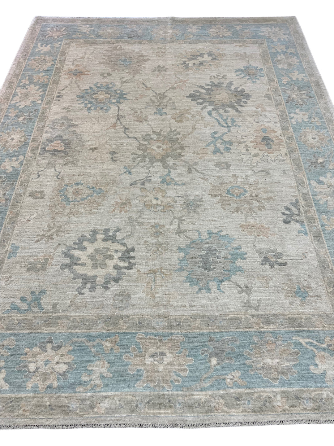 Ivory, Soft Blue &amp; Taupe Oushak Style Area Rug – 8’10” x 11’8”