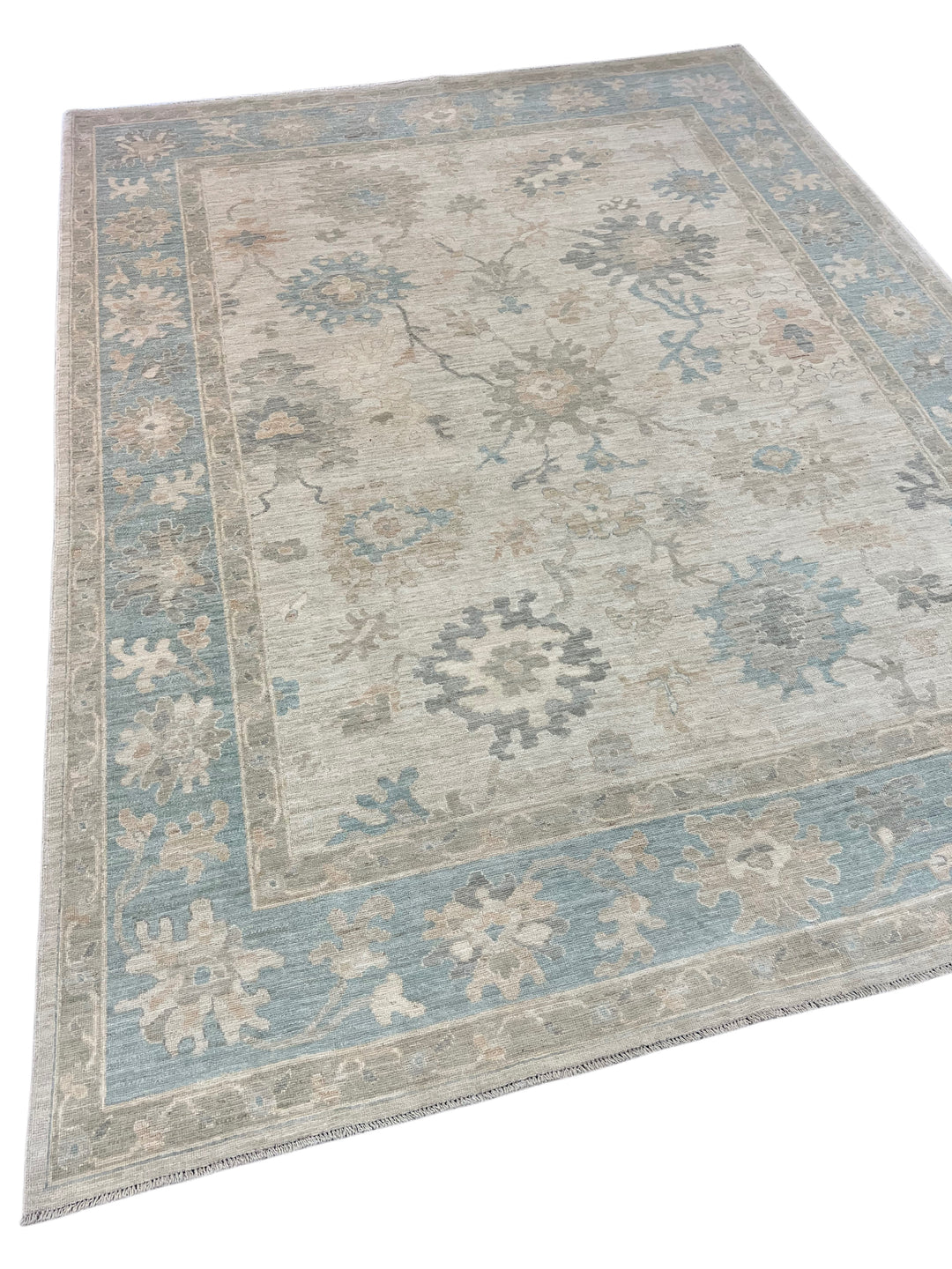 Ivory, Soft Blue &amp; Taupe Oushak Style Area Rug – 8’10” x 11’8”