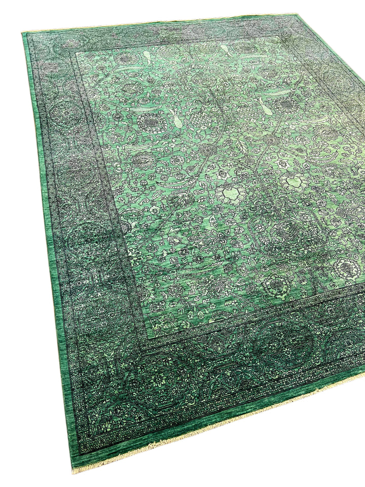 Emerald Green &amp; Black Traditional Floral Area Rug – 9’0” x 11’7”