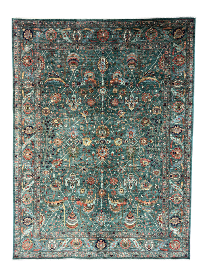 Teal Green, Rust &amp; Navy Traditional Floral Area Rug – 8’11” x 11’10”