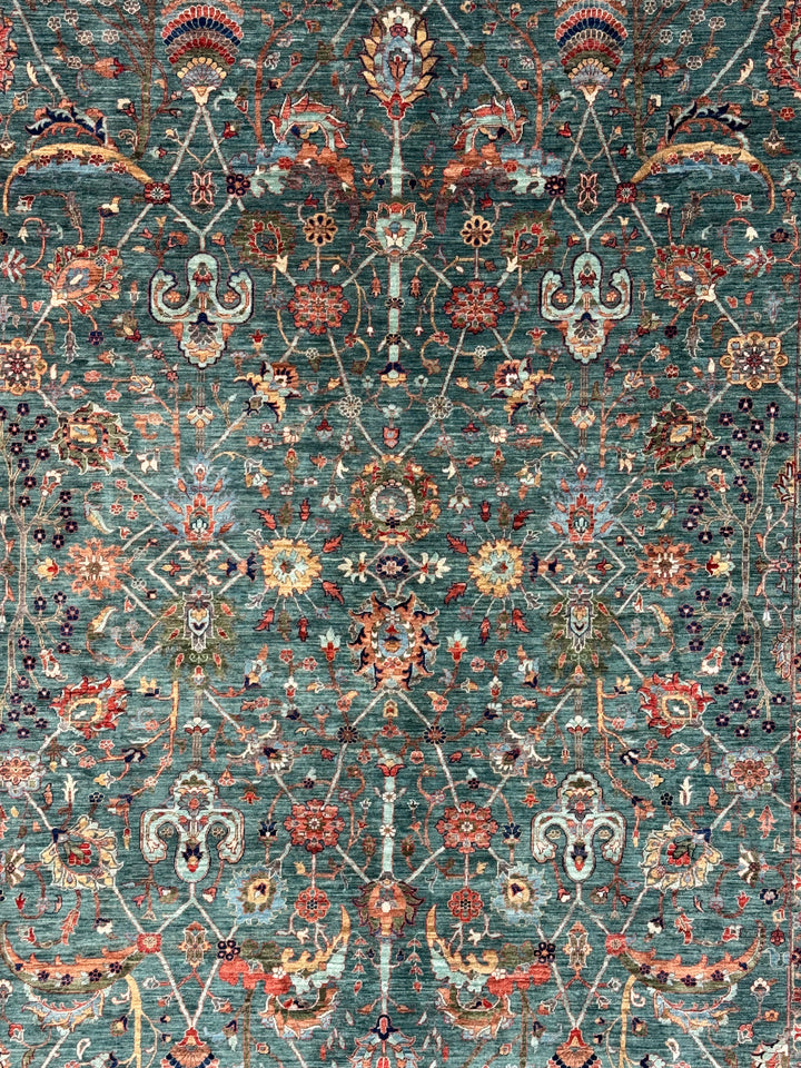 Teal Green, Rust &amp; Navy Traditional Floral Area Rug – 8’11” x 11’10”