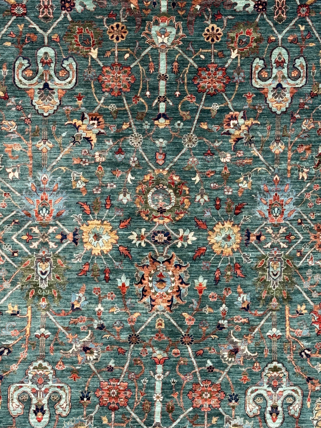 Teal Green, Rust &amp; Navy Traditional Floral Area Rug – 8’11” x 11’10”