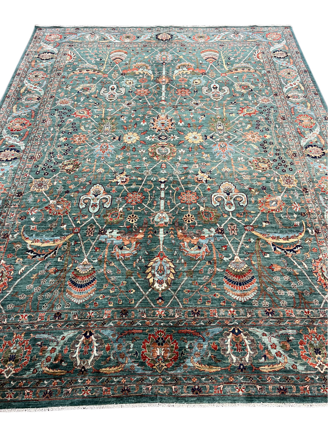 Teal Green, Rust &amp; Navy Traditional Floral Area Rug – 8’11” x 11’10”
