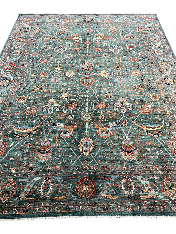 Teal Green, Rust &amp; Navy Traditional Floral Area Rug – 8’11” x 11’10”
