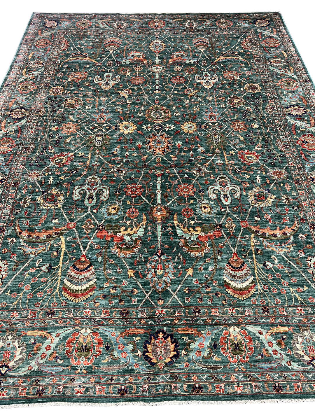 Teal Green, Rust &amp; Navy Traditional Floral Area Rug – 8’11” x 11’10”