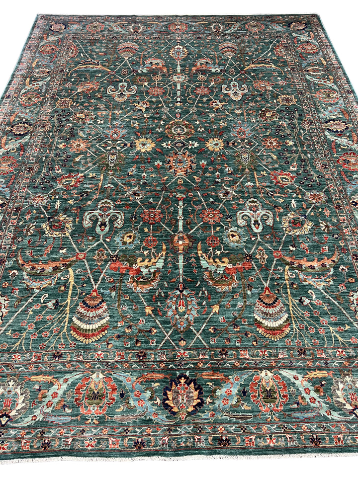 Teal Green, Rust &amp; Navy Traditional Floral Area Rug – 8’11” x 11’10”