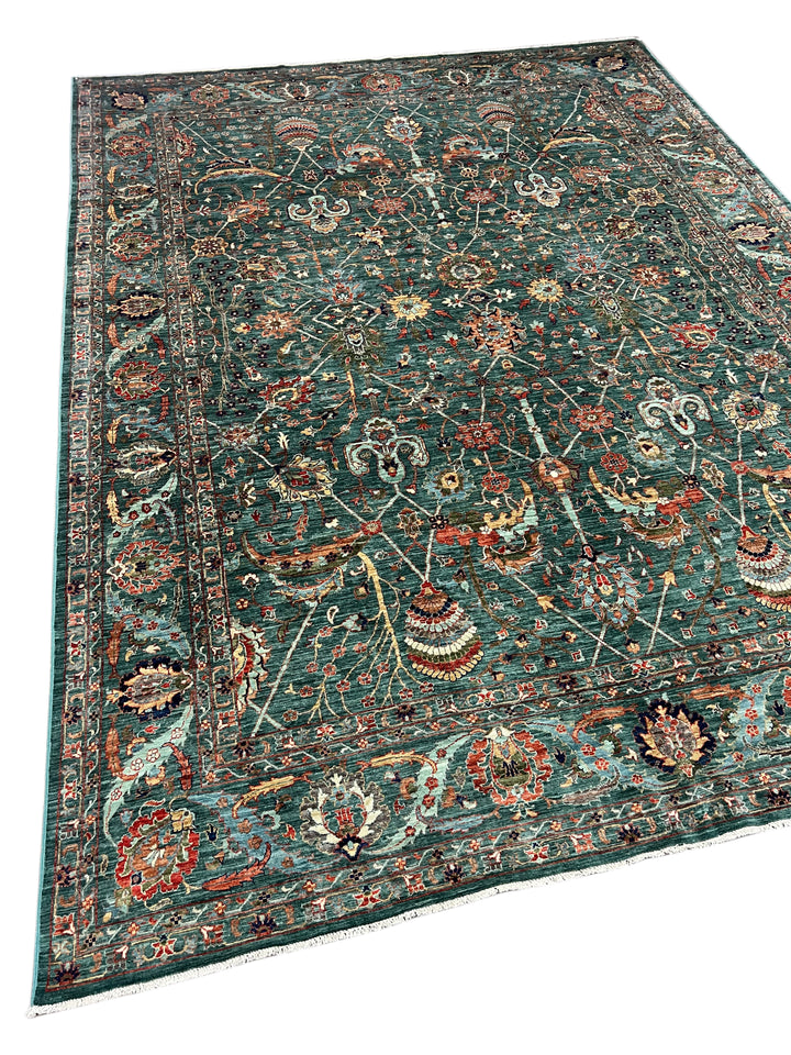 Teal Green, Rust &amp; Navy Traditional Floral Area Rug – 8’11” x 11’10”