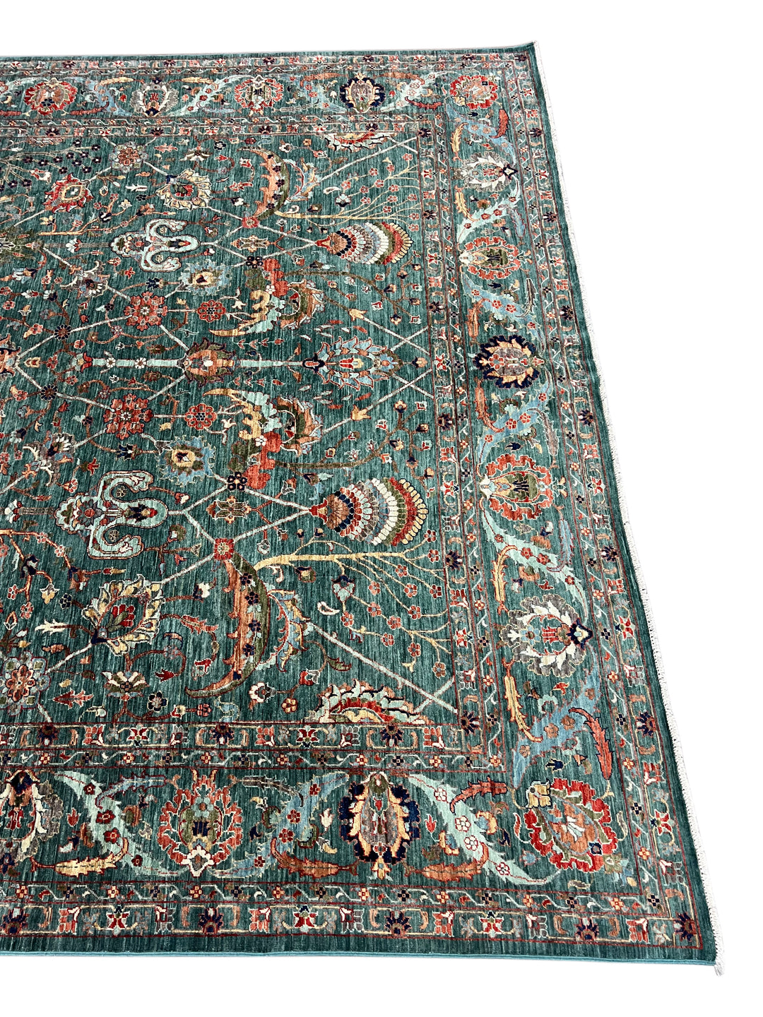 Teal Green, Rust &amp; Navy Traditional Floral Area Rug – 8’11” x 11’10”