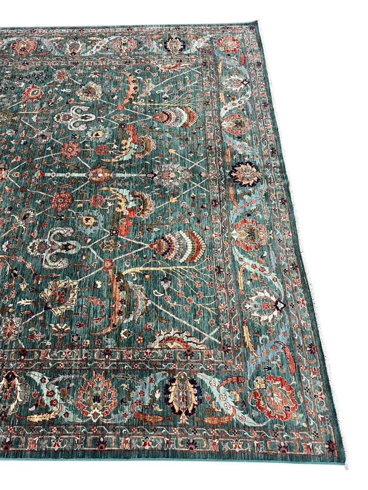 Teal Green, Rust &amp; Navy Traditional Floral Area Rug – 8’11” x 11’10”