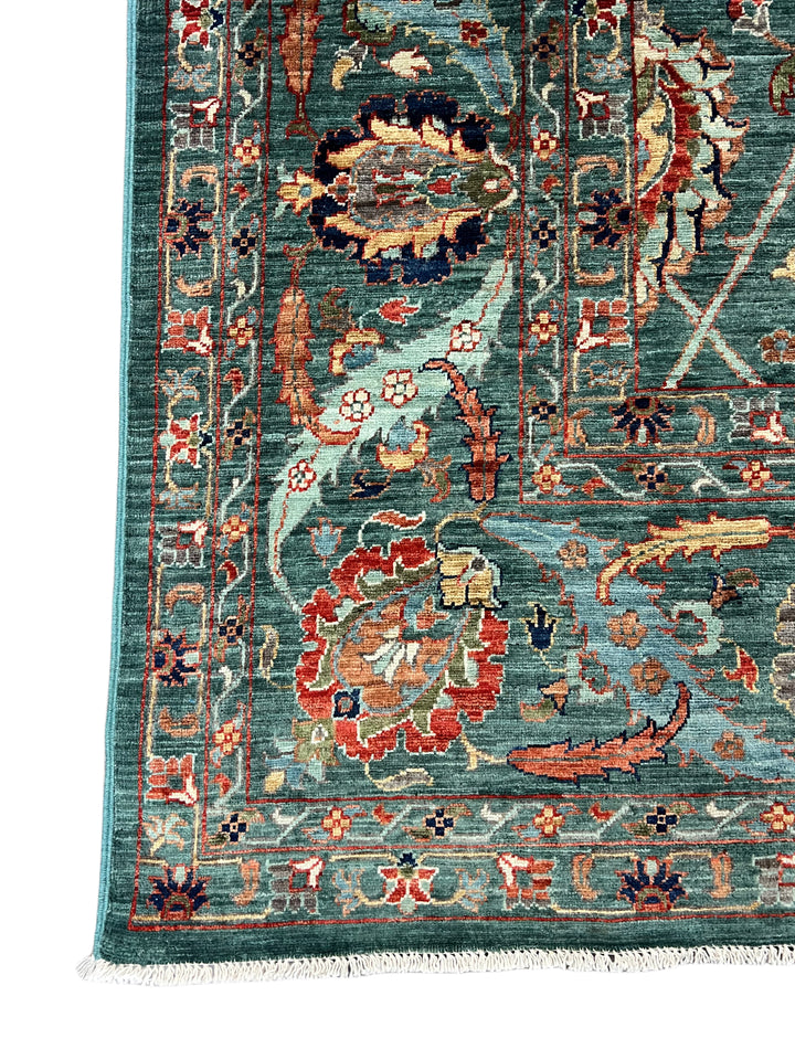 Teal Green, Rust &amp; Navy Traditional Floral Area Rug – 8’11” x 11’10”