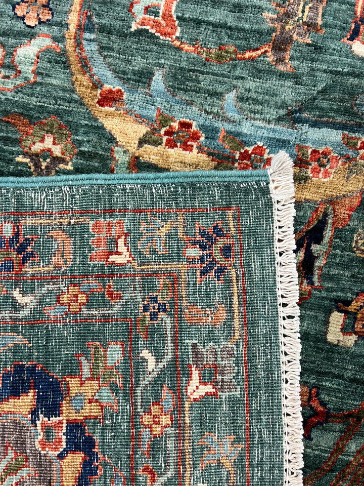 Teal Green, Rust &amp; Navy Traditional Floral Area Rug – 8’11” x 11’10”